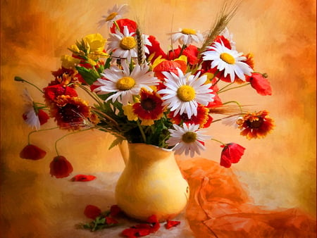 Still life - pretty, vase, poppies, beautiful, lovely, still life, flowers, daisies, nice