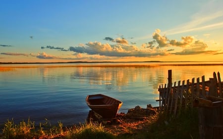 LAKESIDE BOAT - sky, fence, reflection, clouds, water, boat