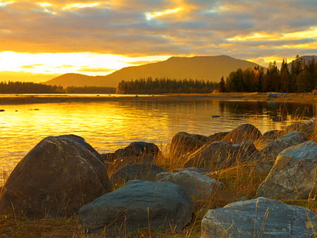 Golden sunrise - lake, water, golden, stones, sea, nature, sunrise