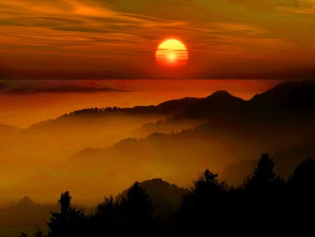 Sunset - red sun, hills, sundown, sun, night, sunset, red sky, red, beautiful