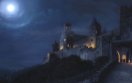 CASTLE UNDER THE MOON - clouds, moon, lights, night, stars, castle, sky