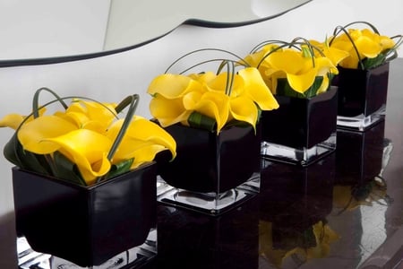 Stunning black cube with calla lillys - sunny, yellow, fashion, entertainment, contrast, easter, stunning, glass cube, centerpiece, calla lillys, ocassion, special, wedding, sunshine, birthday, christmas, black, arrangement, floral