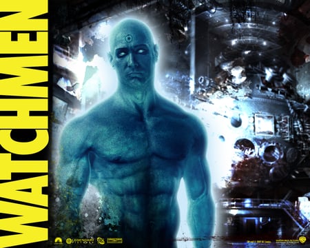 watchmen - machine, white eyes, blue, man