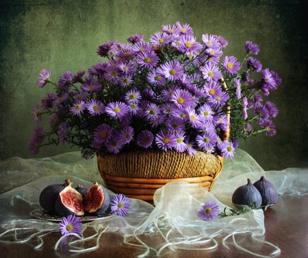 still life - pretty, elegantly, photo, flowers, purple, fruit, nice, delicate, beautiful, photography, beauty, lovely, cool, still life, flower, bouquet, harmony, basket, scarf, fig