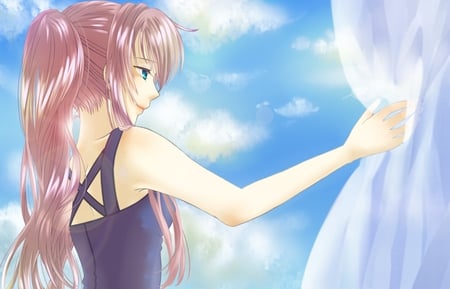 Megurine Luka - aqua, sun, music, anime girl, curtain, white, art, cool, artistic, song, vocaloids, program, vocaloid, beautiful, pink, diva, dress, beauty, nice, sky, singer, black, virtual, pretty, idol, clouds, megurine luka, anime, cute, megurine, tail, outside, luka, sunlight, girl, pink hair, aqua eeys, cg, blue, digital, awesome