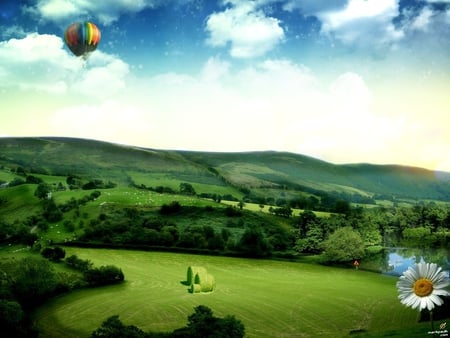 Balloon over a green field - balloon, field, tree, nature, grass