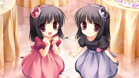 Cute Twins - midori no umi, anime, dress, rikuno, sorane, cool, long hair, kawai, pink eyes, girls, twins, black hair, cute, game cg