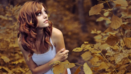 Girl in the Forest - beautiful, girl, mystery, forest, hair, leaves