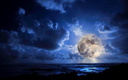 FULL MOON - moon, beach, clear, night, ocean, light