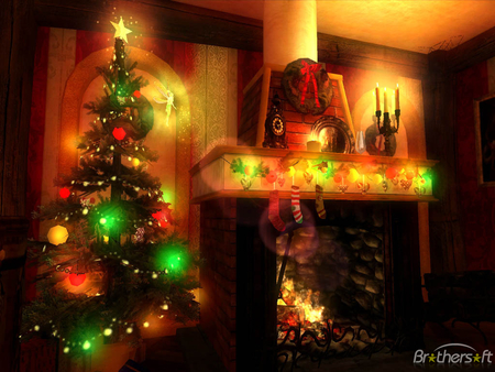 Christmas magic - balls, magic, fireplace, tree, shiny, christmas