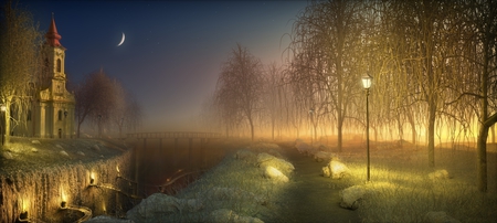 evening fog - moon, sky, natrue, pretty, dark, photography, light, scenery