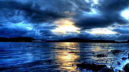 Before Sunrise - blue, amazing, splendor, landscape, sunrise, light, reflection, sailboats, sailing, view, sky, clouds, water, beautiful, sea, beauty, morning, lovely, nature, sailboat, peaceful