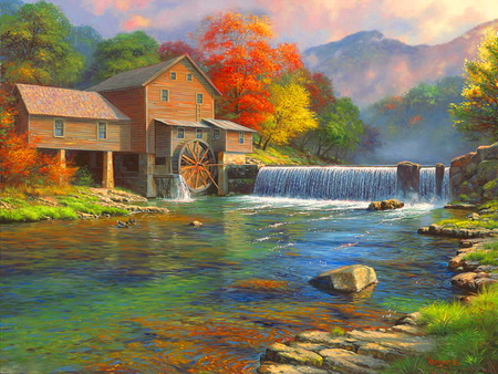 Watermill near the mountain river - nature, autumn, fall, mountain, river, watermill