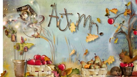 Autumns Best things - pears, falling leaves, apple tree, possum, thistles, bird, rabbit, fall, bucket, leaves