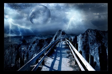 STORMY NIGHT - moon, night, lightning, stormy, bridge