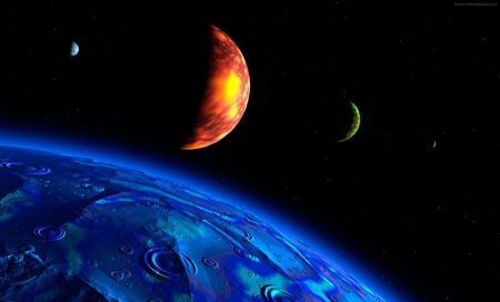 Five Moons - brown, spatial, s, scene, great, scenario, pink, space, abstract, maroon, colors, colours, moons, customized, green, computer, shadows, blue, yellow, amazing, stars, dark, spacescape, red, halo, effects, painted, sun, clouds, water, fog, photoshop, 3d and cg, cool, colorful, black, eclipse, lightness, bright, circles, scenery, different, night, light, craters, cust, nice, beauty, planets, dust, universe, picture, brightness, high definition, background, foggy, photo, desktop, new moon, dawn, fire, hd, art, artwork, beautiful, photography, orange, pc, cenario, awesome, cena, panorama, phases, smoke