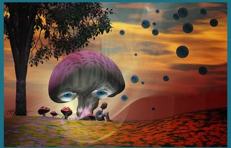 DAYDREAMING - planets, sunset, person, daydreaming, mushrooms, eyes, tree