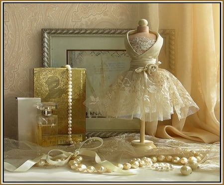 Elegance - pearls, classy, elegant, white, womanly, box, lace, scent, bottle, jewelry, sexy, glass, frames, chic, bow, beautiful, perfume, dress