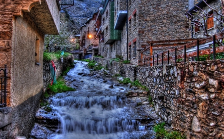 Beautiful Andorra - pretty, water, beautiful, lovely, countryside, cascade, flowing, cobblestone, houses