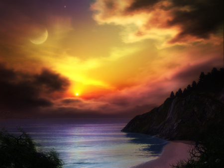 Fantasy Beach - painting, beach, ocean, island, sunset