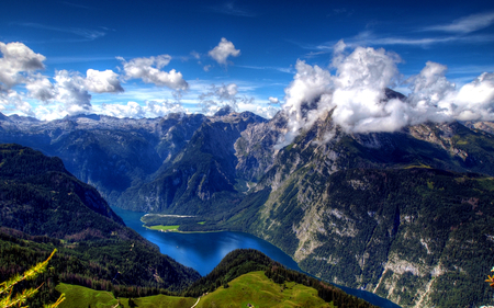 Amazing View - blue, rivers, air, amazing, splendor, landscape, grass, forest, magical, mountain, view, hdr, lake, sky, woods, clouds, trees, water, fields, beautiful, beauty, colors, lovely, valley, tree, fjord, river, nature, green, mountains, peaceful