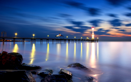 Beautiful Sky - blue, amazing, splendor, sunrise, reflection, view, sky, clouds, beautiful, lanterns, sea, beauty, colors, lovely, ocean, lantern, pier, nature, sunset, lights, peaceful, bridge, rocks