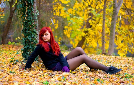 Solitude - pretty, trees, female, photography, girl, lovely, leaves, red, model, sexy