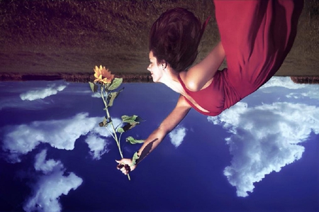 Red dress - red, pretty, model, flowers, girl, dress, sky, plants, clouds, photography, lovely, sexy, female