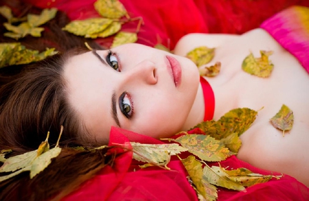 blending with nature - face, red, pretty, model, leaves, girl, photography, lovely, sexy, female