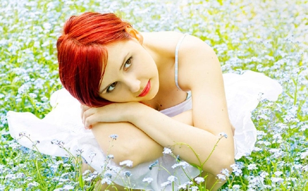 fairytale - pretty, model, flowers, grass, white, plants, lovely, female, green