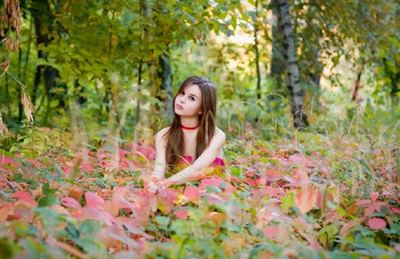 magic forest - trees, girl, colorful, field, lovely, plants, nature, pretty, green, grass