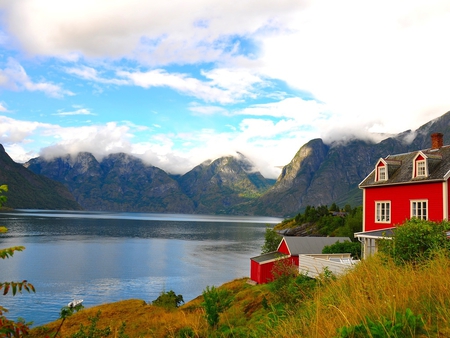 House by the lake. - house, cloud, lake, mountain, sky