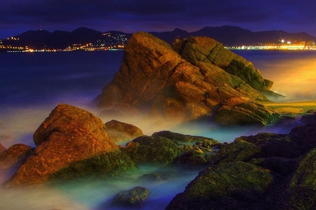 Beach Rocks - at night, picture, beach, red, beautiful, rocks