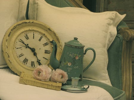 Breakfast in Bed - teapot, bed, roses, clock, bedroom, still life