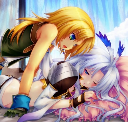 hey sweety wake up!! - girls, bed, minatosaiga, sleepy, cute