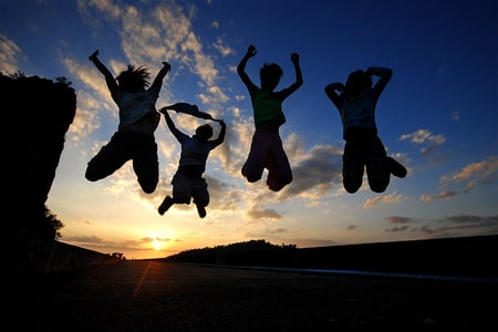 jump - nature, sky, silloette, boys, sunset