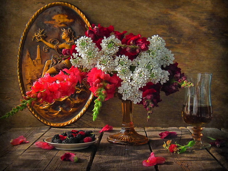 Still life - red, mirror, pretty, beautiful, flowers, harmony, still life, white, nice, lovely