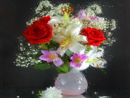 Still life - pretty, vase, roses, beautiful, lovely, still life, flowers, white, lili, red, nice