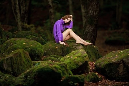 Dreamer in purple - dreams, beauty, body, trees, sweater, legs, face, purple, dreamer girl, purple lover, beautiful girl, cute, necklace, moss, nature, forest, stones, smile