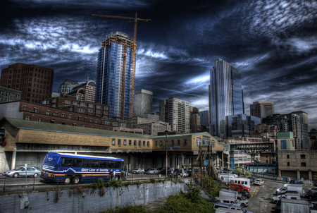 Cityscape HDR - cars, bus, city, buildings, dark