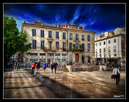 Nimes France - deep blue sky, people, lot, tree, building