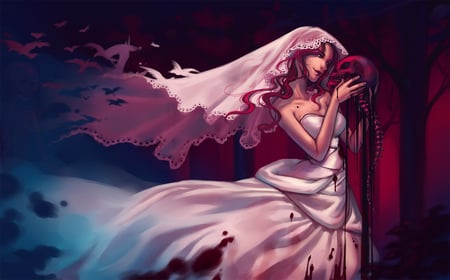 Loved to Death - skull, woman, wedding, creepy, girl, gross, blood, drawing, painting, art, dark, pretty, beautiful, dress