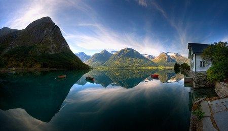 Sweet Reflections - stone, hills, beautiful lake, blue, house, canoe