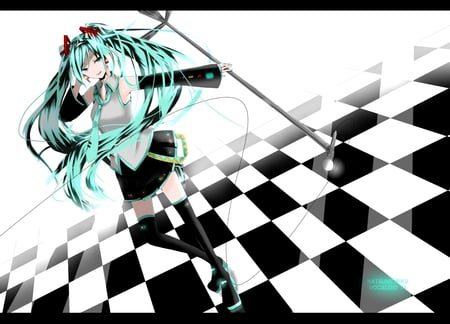 Hatsune Miku - aqua, thigh highs, headset, thighhighs, music, anime girl, stockings, white, art, cool, aqua eyes, artistic, hatsune miku, idolk, skirt, leggings, song, vocaloids, program, vocaloid, pink, beautiful, uniform, diva, beauty, nice, twintail, singer, aqua hair, black, virtual, pretty, anime, miku, checkerd, cute, twin tail, girl, boots, cg, hatsune, microphone, blue, headphones, singing, tie, awesome, digital, outfit