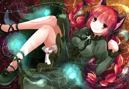 Touhou - red hair, bed, animal ears, dress, long hair, red eyes