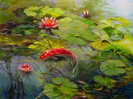 VERMILLION KOI - oil, painting, linen, koi, vermillion