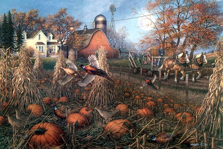 James Meger, The Pumpkin Patch - james meger, bird, pumpkin, stable, horse, animal, painting, farm, art