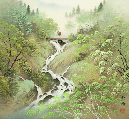 Koukei Kojima. The bridge over the stream - koukei kojima, nature, green, painting, art, bridge