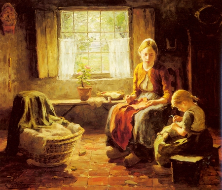 Evert Pieters.   Spring Sunshine 1913 - evert pieters, people, window, painting, girl, woman, art