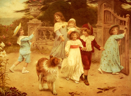 Arthur John Elsley  * Home team - people, puppy, painting, girl, arthur john elsley, boy, dog, art